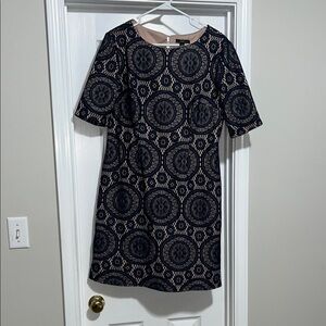 Navy and Beige Patterned Short Sleeve Dress